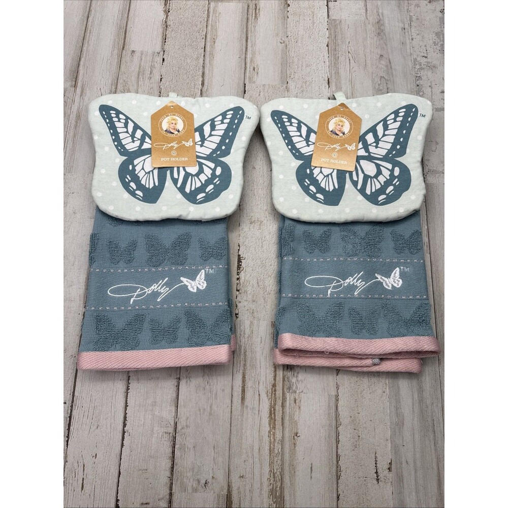 Dolly Parton DG Blue Pink Kitchen Dish Towel & Butterfly Potholder Oven Two Sets